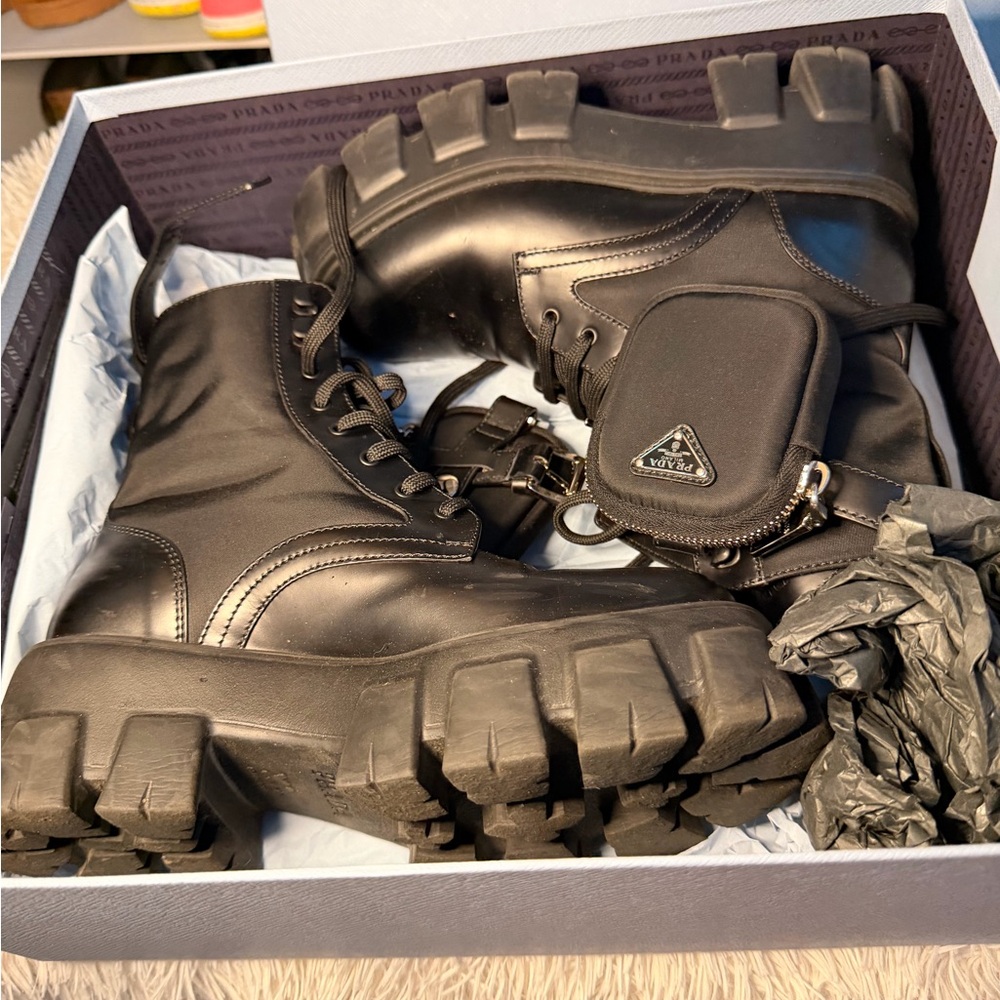 Prada Black Monolith Leather and Re-Nylon Pouch Combat Boots Size 6
